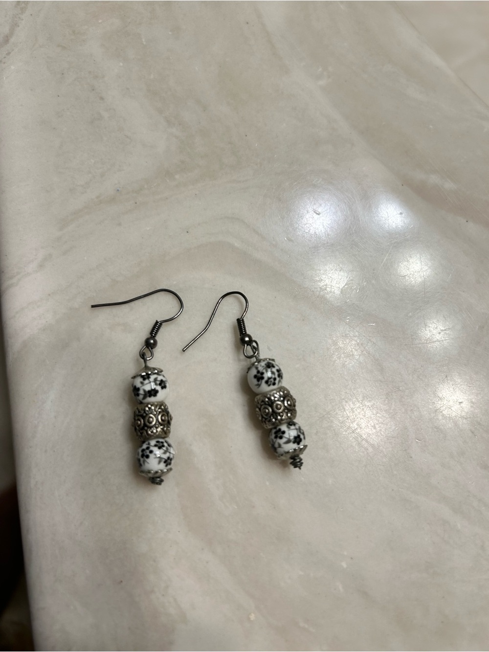 Dalmatian Jasper Bead Drop Earrings - White and Black